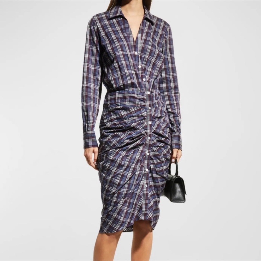 Veronica Beard Calvert Plaid Button-Front Ruched … - image 1